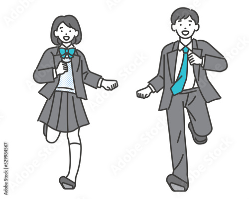 元気いっぱいで走るブレザー制服の学生のベクターイラスト素材／制服／高校生／中学生／塾／走る／元気