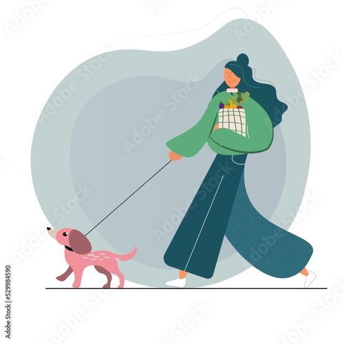 illustration woman walking with a dog after shopping groceries, fresh vegetables, healthy concept, organic. Cute flat vector illustration