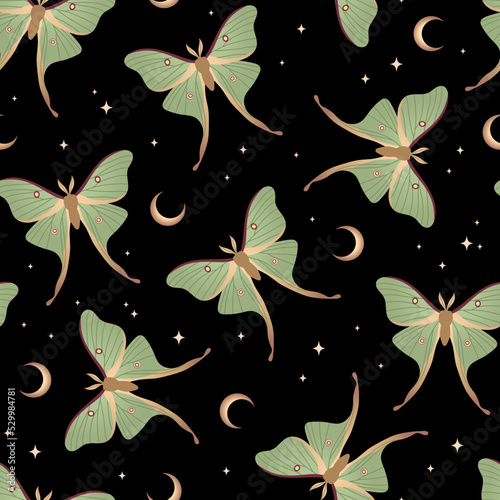 Seamless pattern with green moth. Hand drawn vector illustration. Texture for print, textile, fabric.