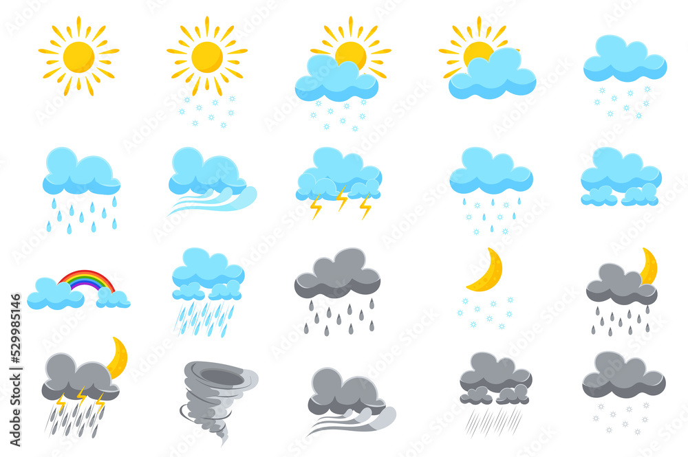 Fototapeta premium Symbols for weather forecasts set isolated elements. Bundle of clear sun, cloudy sky, snowfall, windy, thunderstorm, rain, rainbow, drizzle and others. Illustration in flat cartoon design.