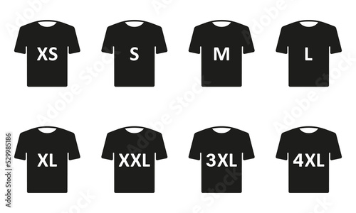 Man or woman Shirt. T-shirt Size Silhouette Icon Set. Clothing Size Label or Tag Black Pictogram. Size From XS to 4XL. Vector Isolated Illustration