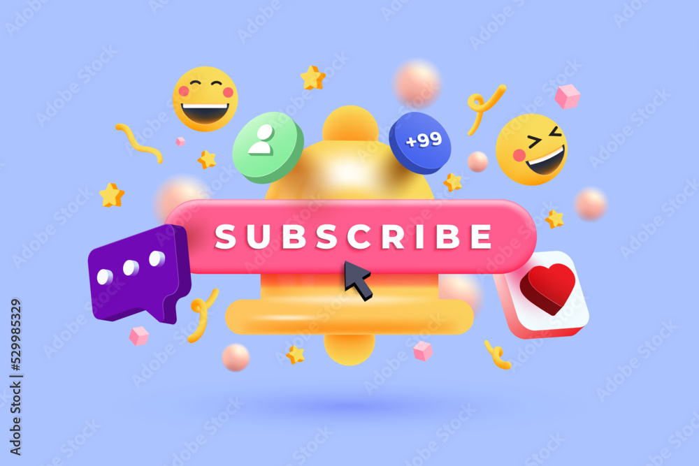 3D Subscribe bell notification with confetti. Congratulations on new social media followers. New subscriber in social network. Cartoon creative design icon isolated on purple background. 3D Vector ill 3D Subscribe bell notification with confetti. Congratulations on new social media followers. New subscriber in social network. Cartoon creative design icon isolated on purple background. 3D Vector ill