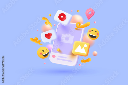Blank Social network post surrounded with floating elements on purple background. Modern minimal design. 3d vector illustration