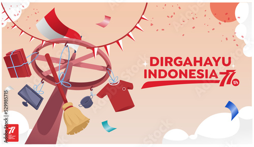 Indonesia independence day 17 august with traditional games concept illustration. 77 tahun kemerdekaan indonesia translates to 77 years Indonesia independence day