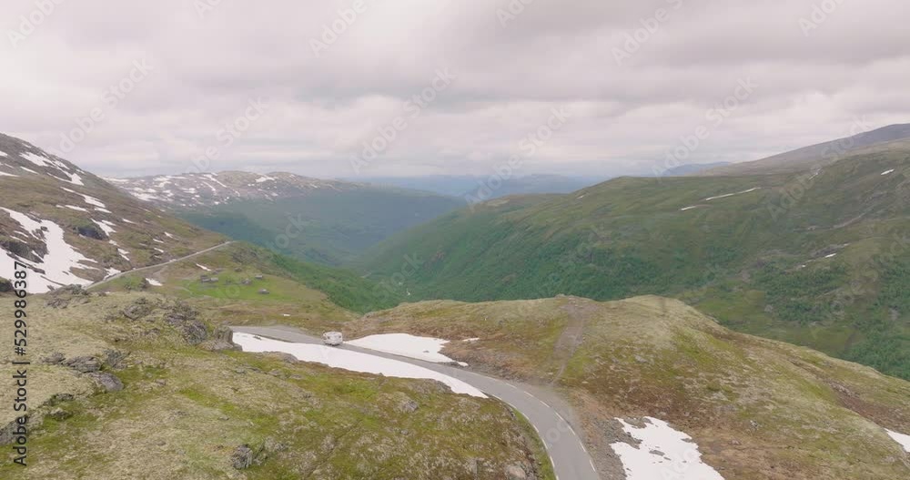 Aerial Drone Above Aurland Road Mountain Pass Valley Norway Scandinavian Tourism Cinematic Landscape Aerial Drone Above Aurland Road Mountain Pass Valley Norway Scandinavian Tourism Cinematic Landscape
