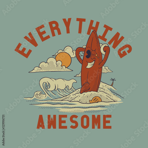 Cartoon illustration of winking surfing board mascot with retro style