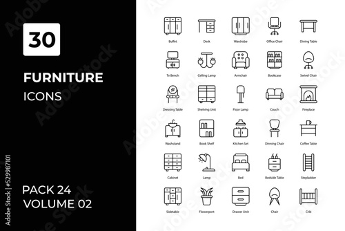 Furniture icons collection. Set contains such Icons as armchair, bar, barbecue, bathroom, bed, bunk, and more