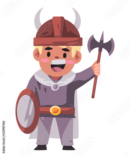 Viking nordic barbarian warior wearing horned helmet holding shield and axe with smile