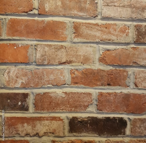 Old weathered and marked grungy brick wall with copy space
