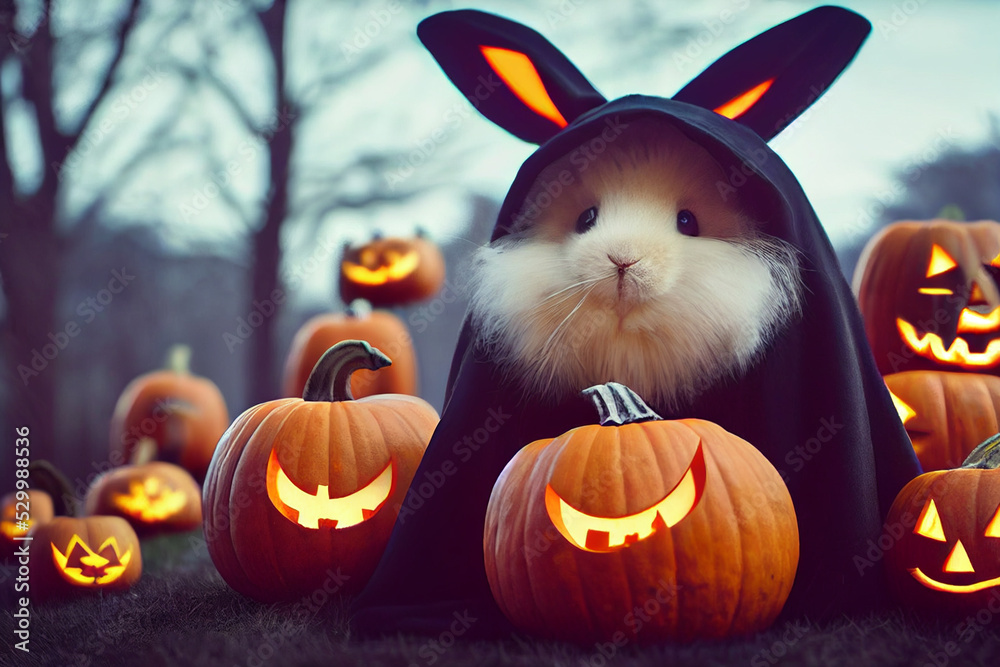 cute fluffy rabbit on the background of halloween pumpkins Stock