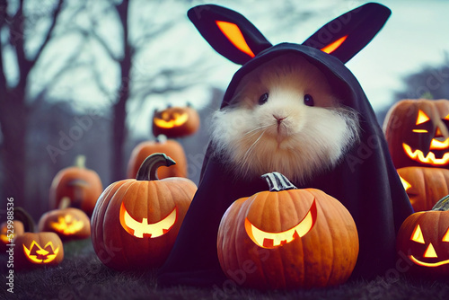 cute fluffy rabbit on the background of halloween pumpkins