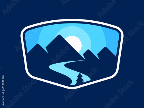 Blue mountain emblem with river and a pine tree with outline. Nature and outdoor concept. Adventure, exploration, travel idea. Mountain hills with sunrise or sunset rays. Vector illustration, clip art
