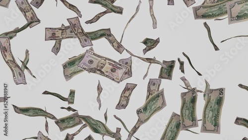 50 Dollar bills falling down. Banknotes isolated on white background. Jackpot or lottery prize. Business.