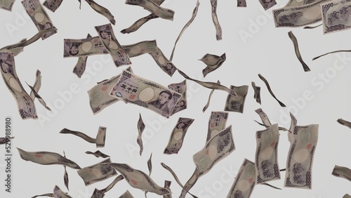 5000 Japanese Yen bills falling down. Banknotes isolated on white background. Jackpot or lottery prize. Business. photo