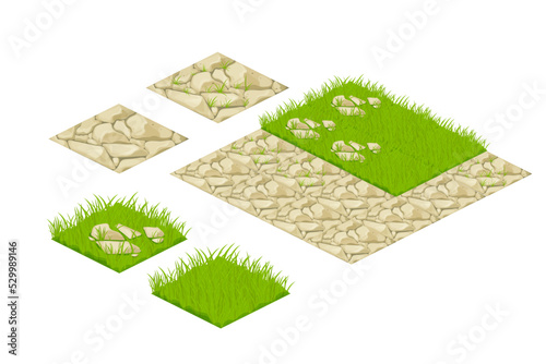 Set isometric tile lawn map elements grass, stones in cartoon style isolated on white background, constructor for app, ui. 