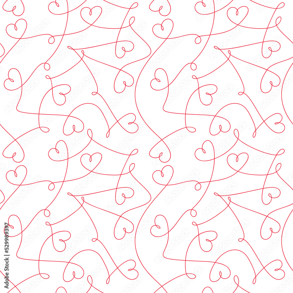 Heart shapes vector seamless pattern. Abstract one line style backdrop illustration. Wallpaper, graphic background, fabric, textile, print, wrapping paper or package design. Love concept.