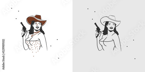 Hand drawn abstract vector graphic clipart illustration boho cowgirl in hat portrait.Western female design concept.Bohemian wild west contemporary art.Cowboy girl modern drawing.American cowgirl logo.