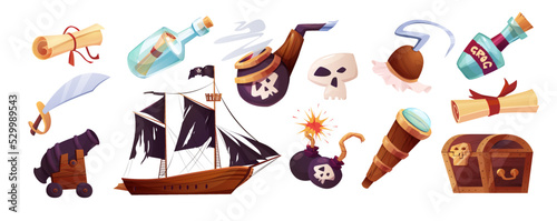 Pirates set icons in cartoon style. Flag with white skull and crossing bones. Ancient parchment pirate's treasure map, message in glass bottle, spyglass, hand hook, smoking pipe, bomb, cannon.