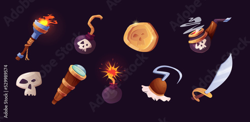 Pirates set icons in cartoon style. Flag, bomb, sabre, spyglass, white skull, hand hook, smoking pipe, torch with burning fire and flames, flambeau.