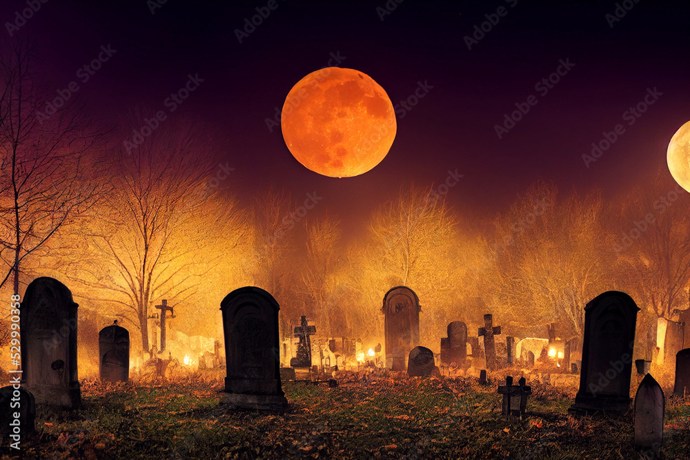 big pumpkins in the old cemetery at night on a full moon halloween, candles and lights