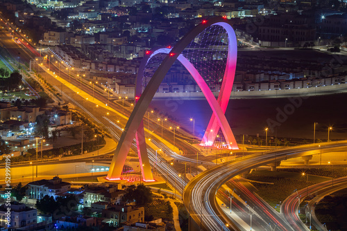 Aerial view of Al Wahda Bridge The Tallest Monument of Doha City. known as 56 Bridge of Arch photo