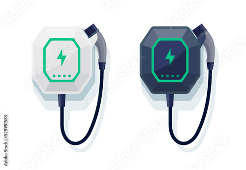 Electric car small home wall charger with cable. Fast smart intelligent wallbox ev charging station. Isolated vector illustration on white background. Power solution for electric battery vehicle.