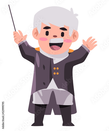 Composer conducting choir or orchestra concert with baton stick wearing black suit