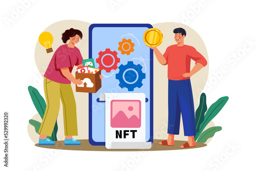 NFT minting process Illustration concept on white background