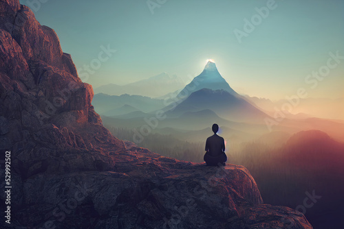 meditating monk in the mountains, digital illustration, digital painting, cg artwork, realistic illustration © Gbor