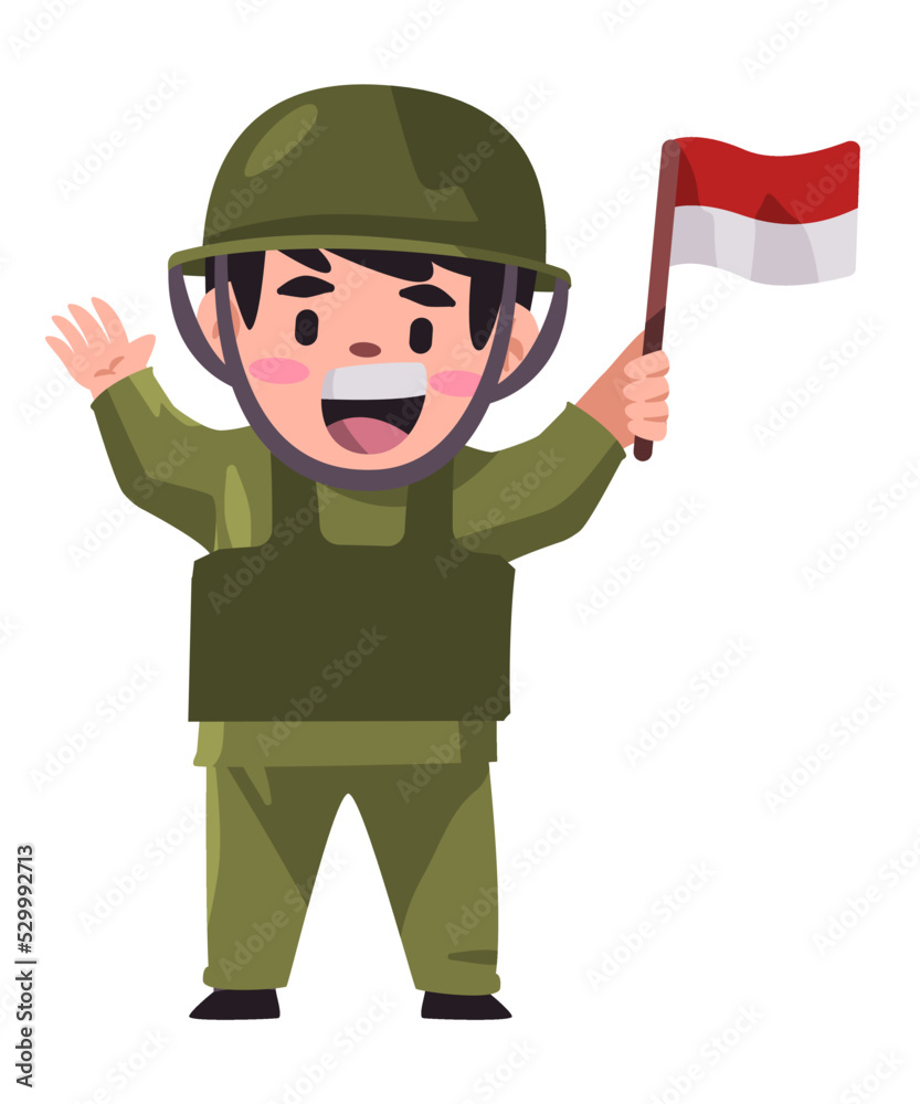 Kids holding Indonesia flag wearing army soldier military with helmet