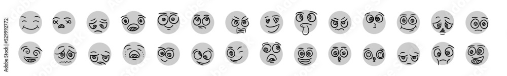 Round abstract comic Faces with various Emotions. Crayon drawing style. Different colorful characters. Cartoon style. Flat design. Hand drawn trendy Vector illustration