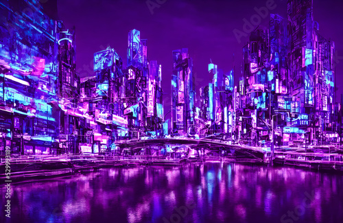 Futuristic metaverse city concept with glowing neon lights