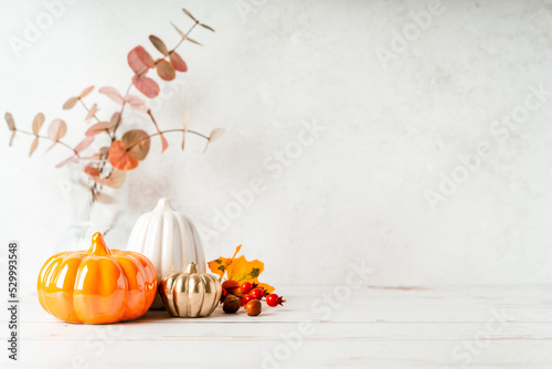 Details of Still life, pumpkins, candle, brunch with leaves on white table background, home decor in a cozy house. Autumn weekend concept. Fallen leaves and home decoration