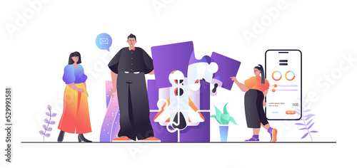 Teamwork concept for web banner. Man and woman working together, business development, colleague collaboration, modern people scene. Illustration in flat cartoon design with person characters
