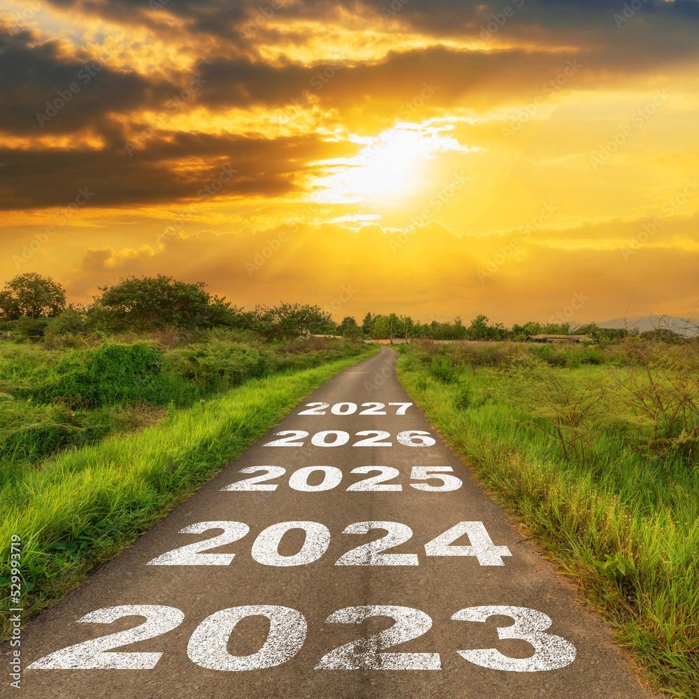 Empty asphalt road and New year 2023 concept. Driving on an empty road