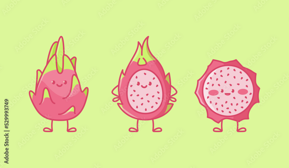 Set of kawaii dragon fruit characters Set of kawaii dragon fruit characters