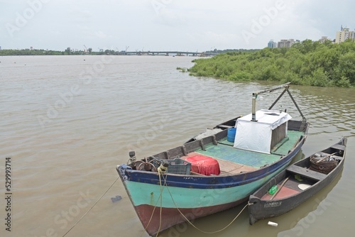 Traditional wooden fishing boats in the port