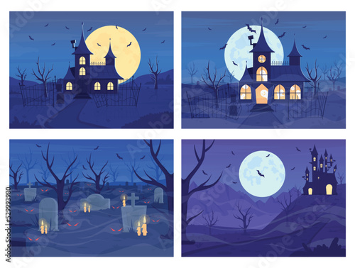 Creepy nighttime flat color vector illustration set. Haunted castle. Cemetery with ghosts. Spooky flying bats. Fully editable 2D simple cartoon landscapes with moon on background collection