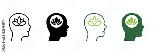Lotus Brain Wellbeing Concept Silhouette and Line Icon. Wellbeing Peace, Mental Healthy Wellness Pictogram. Meditation Yoga Symbol. Flower Nature Creativity. Editable Stroke. Vector Illustration