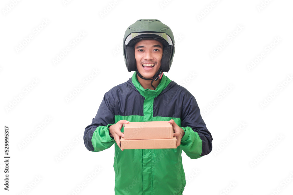 Portrait of Asian online courier driver wearing green jacket and helmet delivering package and box for customer. Isolated image on white background Portrait of Asian online courier driver wearing green jacket and helmet delivering package and box for customer. Isolated image on white background