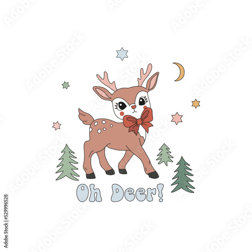 Retro 60s 70s Santa reindeer in the winter forest vector illustration isolated on white. Oh dear equivoque. Hippie Groovy Christmas cute deer print for holiday season decoration.