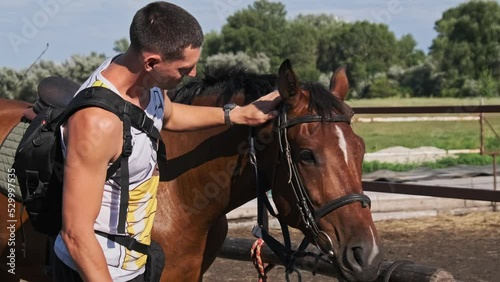 Man strokes the muzzle of a brown horse on a farm. A beautiful horse on a farm rides people. An adult man rejoices at a meeting with a horse. photo