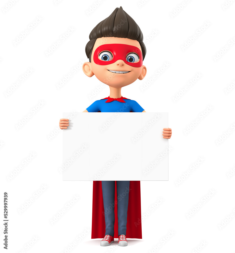 Cartoon character boy in a super hero costume shows an empty board. 3d render illustration.