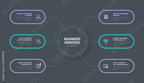 Modern business services concept - dark version. Concept of six stages with minimalistic icons.