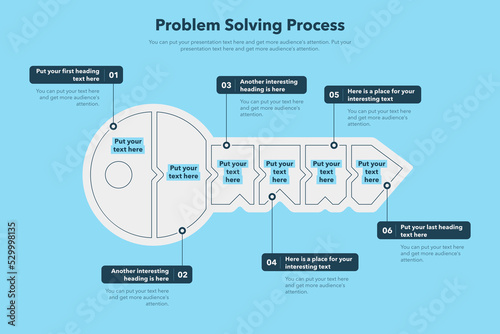 Problem solving process template with six steps and a key as a main symbol - blue version.