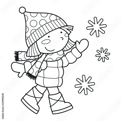 Cute girl playing with snowflakes, winter clipart