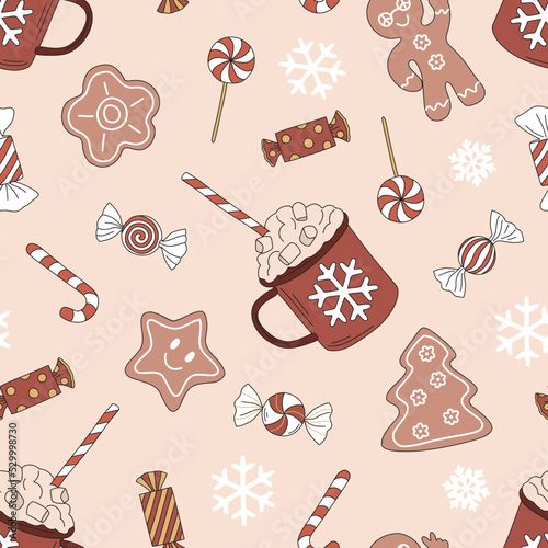Retro 60s 70s Christmas sweets Cocoa Candy Lollipop Gingerbread man vector seamless pattern. Hippie Groovy Vintage Xmas sweetmeat background for holiday festive season wrapping paper.