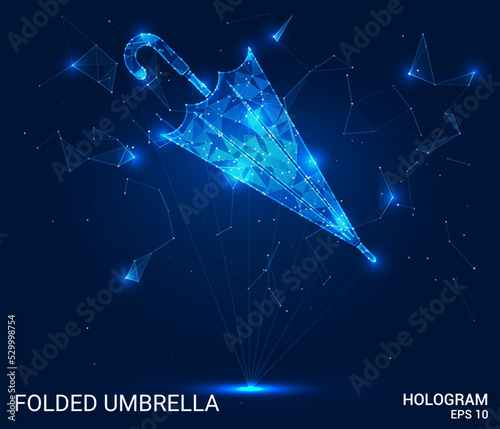 Hologram umbrella. A folded umbrella of polygons, triangles of points and lines. Umbrella icon low-poly connection structure. Technology concept vector.