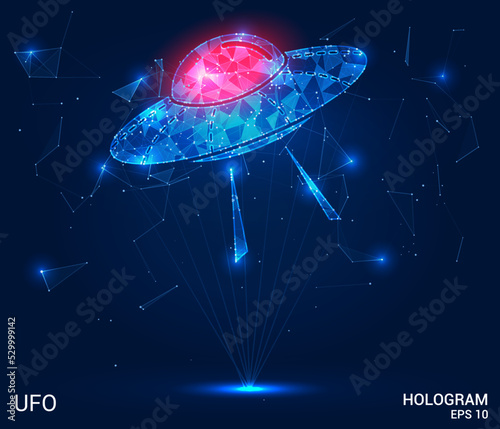 A hologram of a UFO. The flying saucer sign consists of polygons, triangles of points and lines. The spaceship icon is a low-poly compound structure. Technology concept vector.