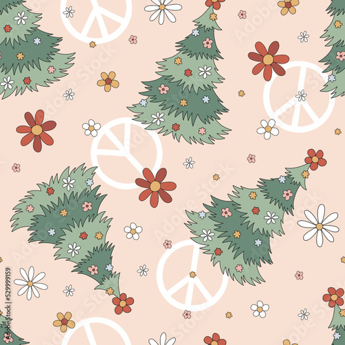 Hippie Groovy Christmas tree decorated with flowers peace sign vector seamless pattern. Retro 60s 70s Xmas Flower power Holiday festive background for gift wrapping paper.